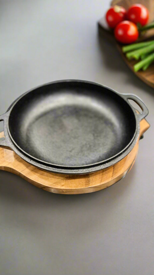 Sizzler 9.5" (24 CM) Round 2in1 Sizzler Plate and Skillet, Cast Iron Krucible Kitchen