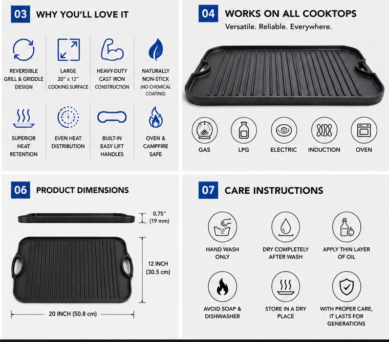 20" Cast Iron Reversible Grill Griddle | Krucible TRGG20