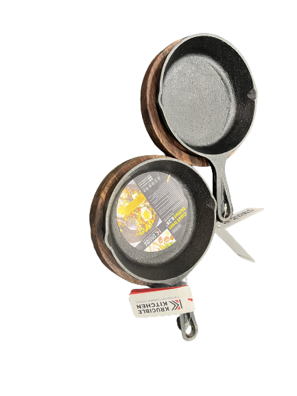 Set of 2 Cast Iron Skillets 6.25 In with Wood Base  – Perfect for Desserts, Cooking, and Baking Adventures!"