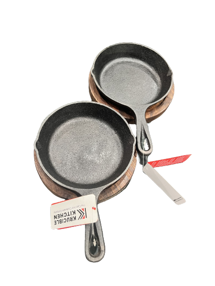 Set of 2 Cast Iron Skillets 6.25 In with Wood Base  – Perfect for Desserts, Cooking, and Baking Adventures!"