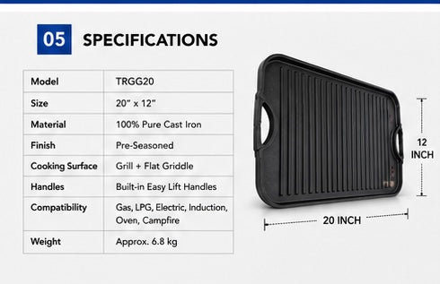 20" Cast Iron Reversible Grill Griddle | Krucible TRGG20