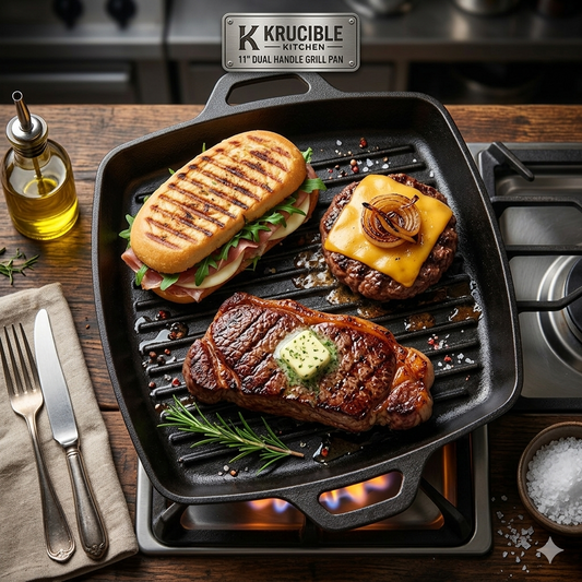 11-Inch Cast Iron Grill Pan with Dual Handles – Pre-Seasoned Grill Skillet for Steak & BBQ | Krucible Kitchen