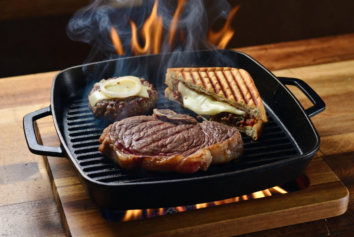 11-Inch Cast Iron Grill Pan with Dual Handles – Pre-Seasoned Grill Skillet for Steak & BBQ | Krucible Kitchen