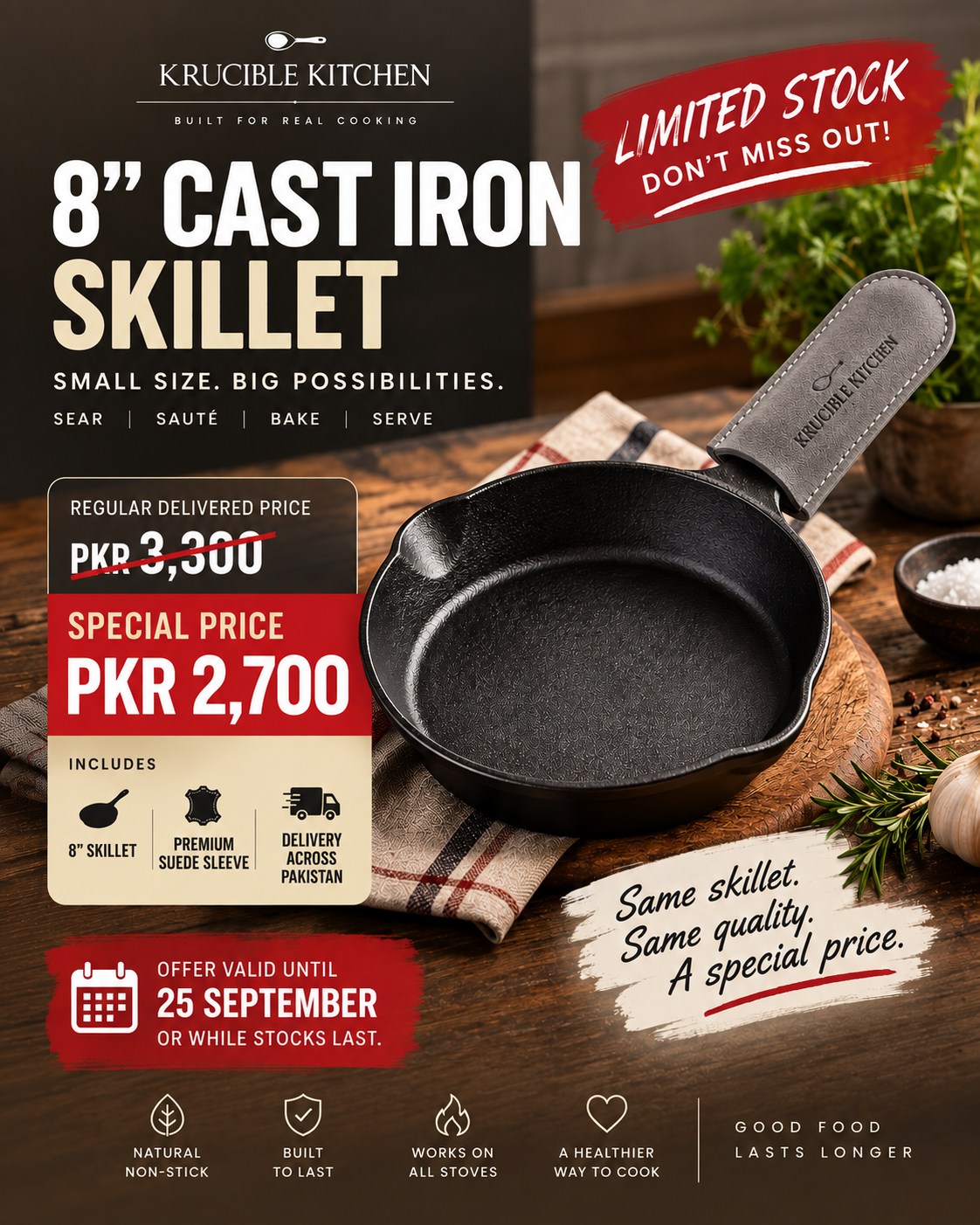 Krucible Kitchen 8” Cast Iron Skillet with Regular Sleeve – Special Offer
