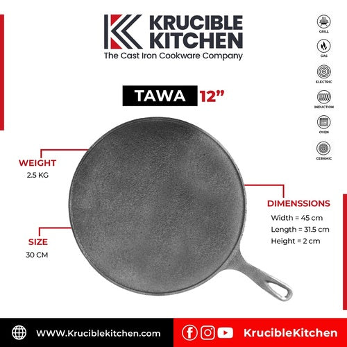 Krucible Kitchen Cast Iron Tawa 12 Inches, Non Stick Tawa, Roti Tava,  Paratha and Pizza Pan, Baking, Chapati and Phulka with Free Leather Grip