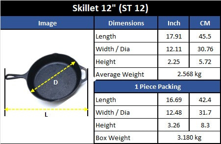 Skillet 12 In (30 CM) Cast Iron Krucible Kitchen Seasoned Frying Pan