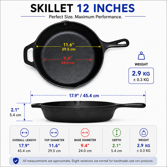 A 12-inch cast iron skillet shown with dimension callouts and weight information on a white background. The top view shows the skillet interior with labeled diameter measurements, and the bottom view shows the skillet exterior with labeled length and depth.