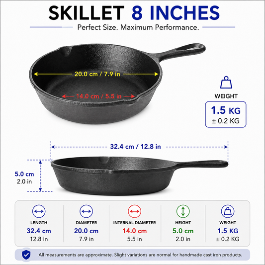 Krucible Kitchen 8-inch cast iron skillet pre-seasoned cookware for gas, induction, oven and campfire