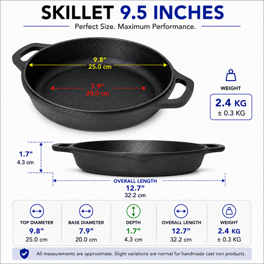 Krucible Kitchen 9.5-inch cast iron skillet pre-seasoned cookware for gas, induction, oven and campfire