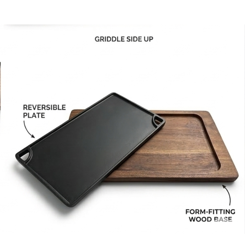 Sizzler Grill 16" TRGG 2in1 Reversible Cast Iron Griddle with Wood Base - Krucible Kitchen