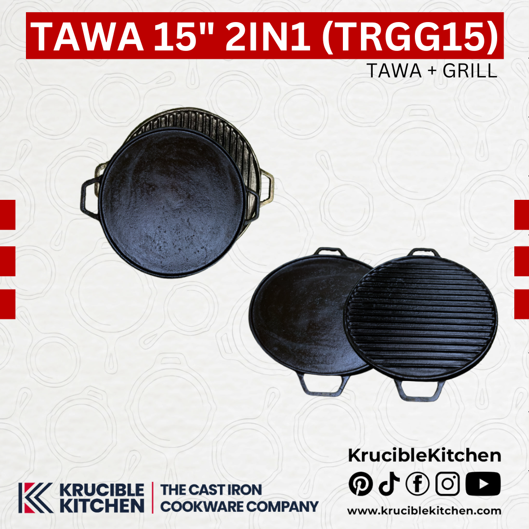 Tawa 15 In 2in1 TRGG15 Cast Iron Reversible Tawa & Grill Pan Krucible Kitchen