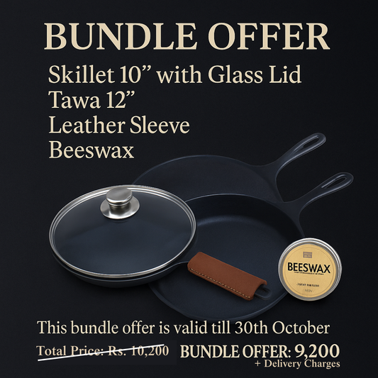 Cookware Bundle – Skillet 10” with Glass Lid + Tawa 12” + Leather Sleeve + Beeswax | Krucible Kitchen