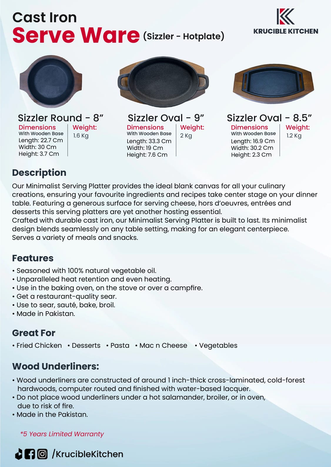 Sizzler 9" (23 cm) Oval Cast Iron Krucible Kitchen