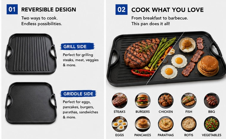 20" Cast Iron Reversible Grill Griddle | Krucible TRGG20