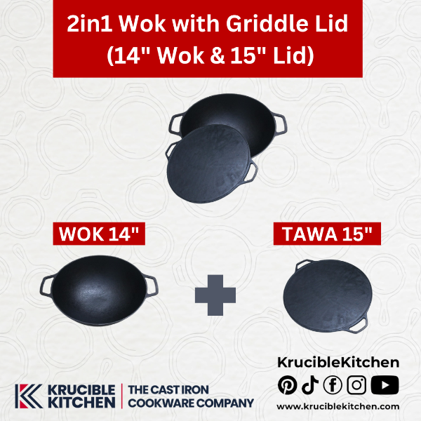 2in1 Wok with Griddle Lid (14" Wok & 15" Lid), Cast Iron