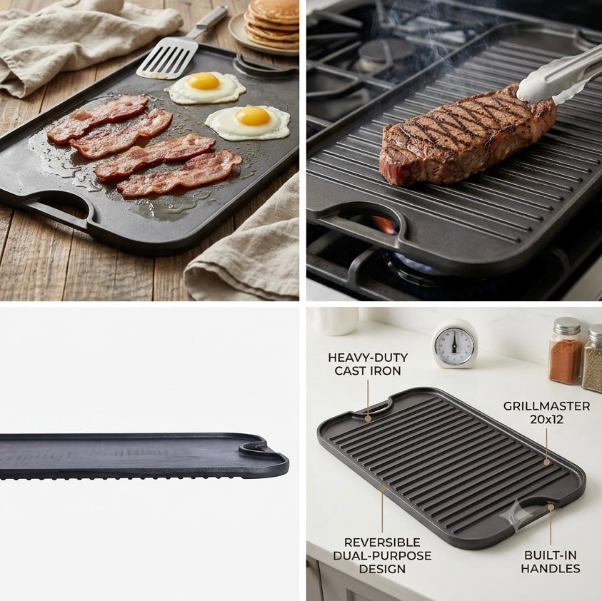 20" Cast Iron Reversible Grill Griddle | Krucible TRGG20