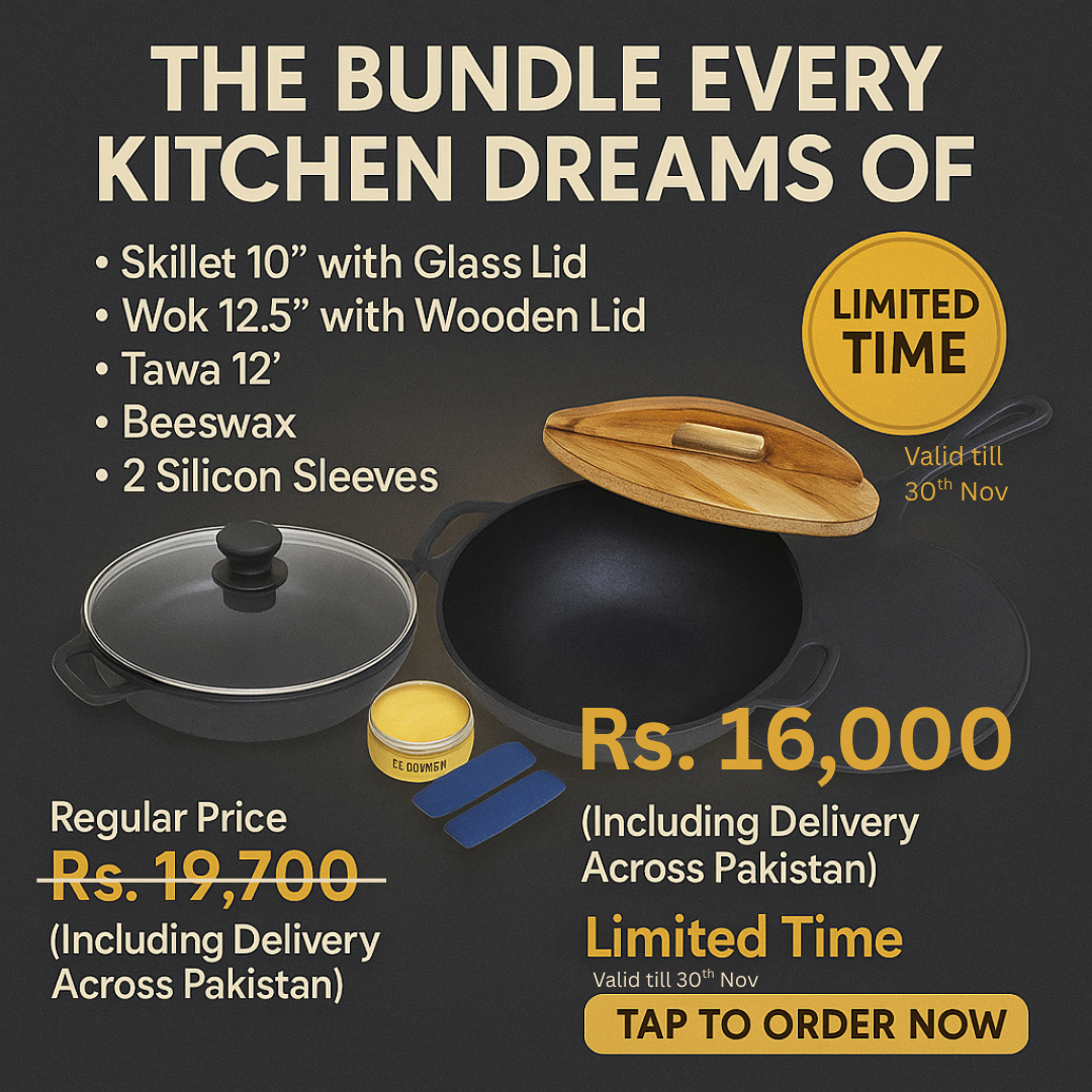 Cast Iron Cookware Bundle – Skillet 10” + Wok 12.5” + Tawa 12” | Krucible Kit