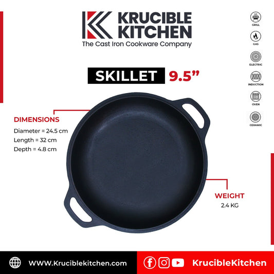 Cast Iron Skillet 9.5 Inch (24 CM), Double Grip Naturally Non Stick, Seasoned. Krucible Kitchen, Frying Pan