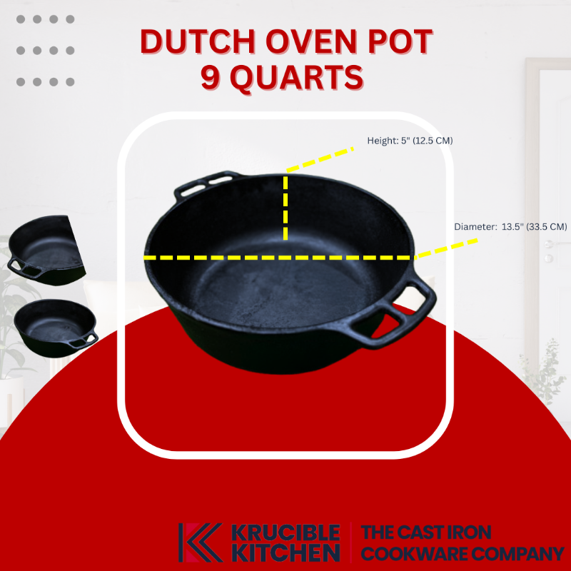 Dutch Oven Pot 9 Quarts without Lid, Cast Iron, Krucible Kitchen