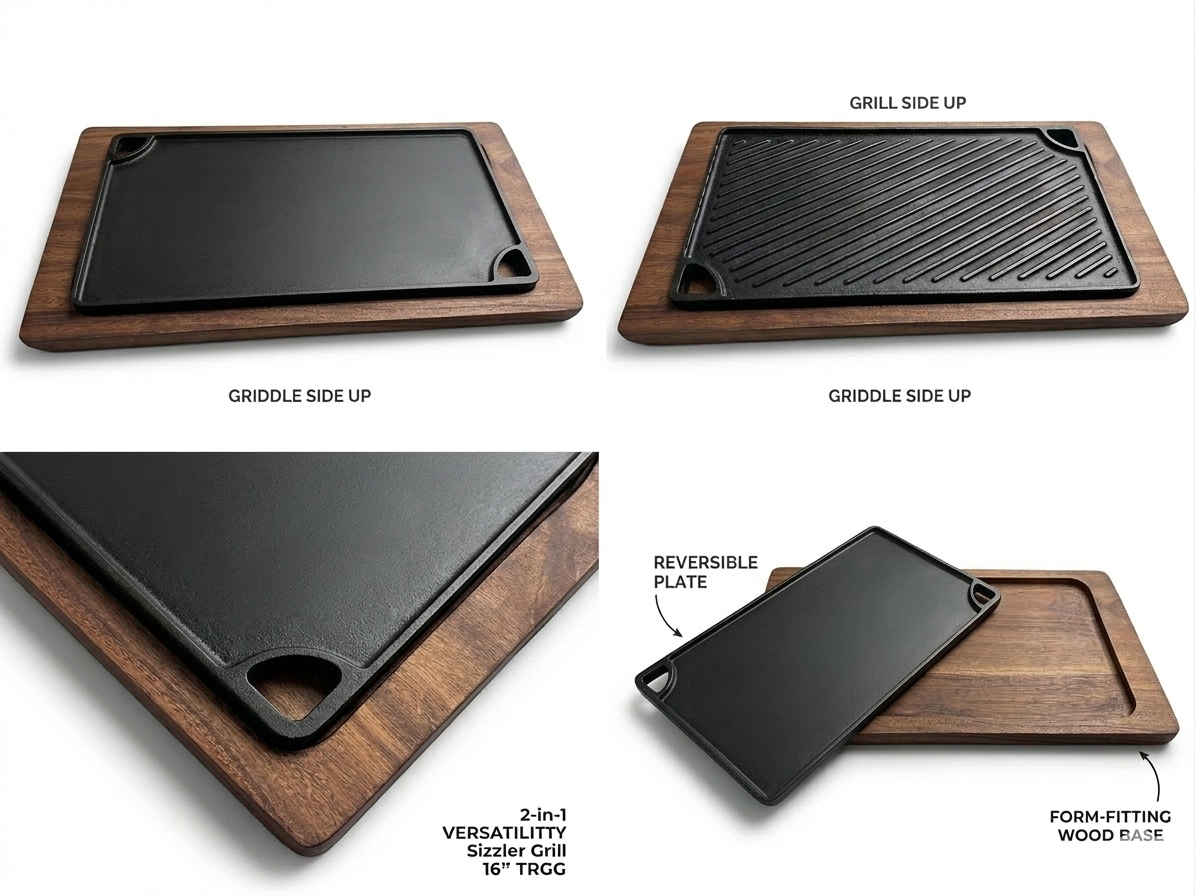 Sizzler Grill 16" TRGG 2in1 Reversible Cast Iron Griddle with Wood Base - Krucible Kitchen