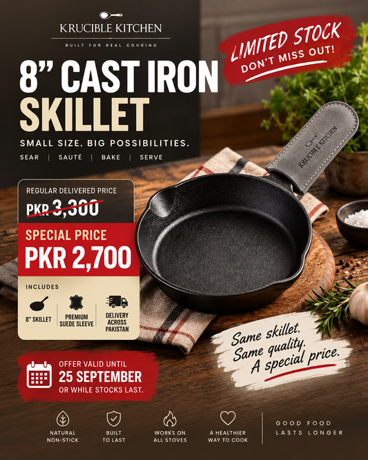 Krucible Kitchen 8” Cast Iron Skillet with Regular Sleeve – Special Offer