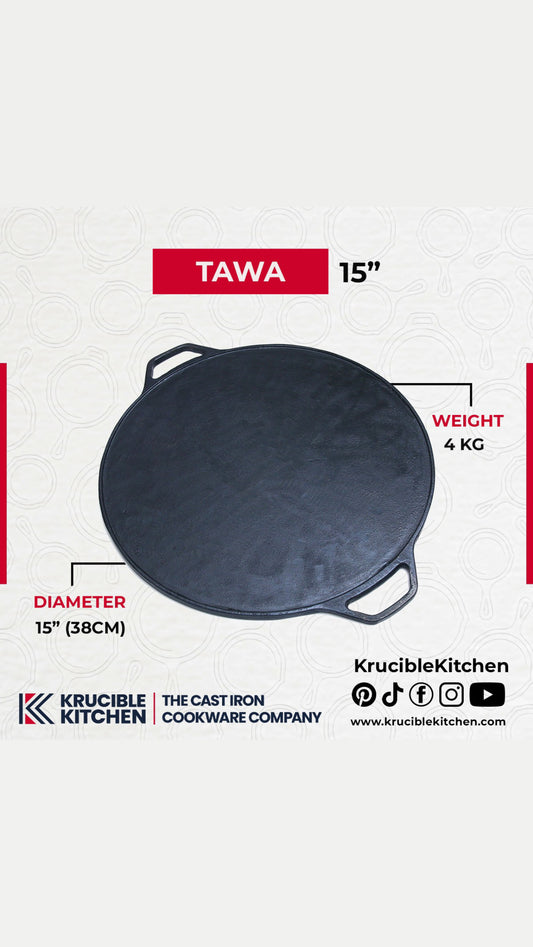 Cast Iron Tawa 15 Inch (38 CM) Naturally Non Stick, Seasoned. Krucible Kitchen