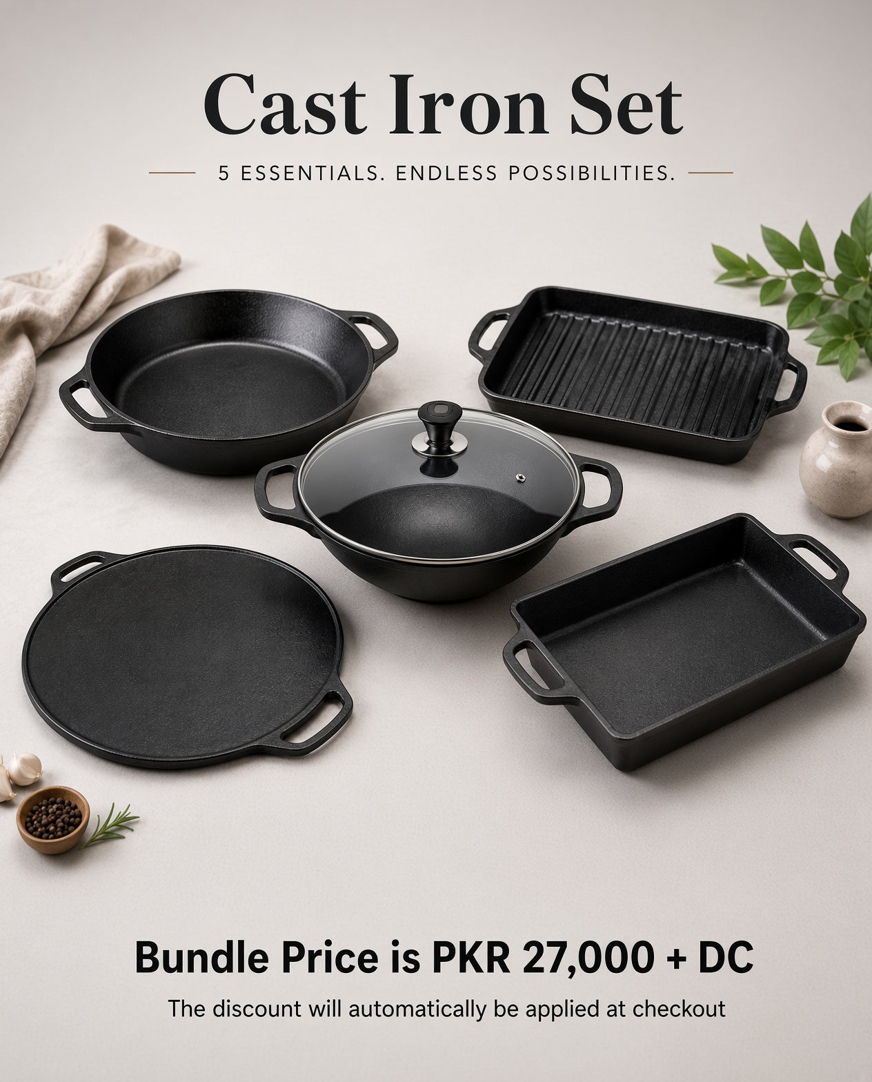 Cast Iron Set – 5-Piece Cast Iron Cookware Set | Krucible Kitchen