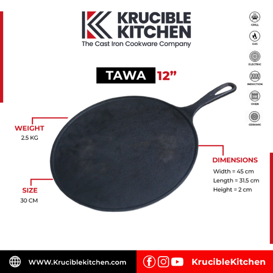 Cast Iron Tawa 12 Inch Naturally Non Stick, Seasoned. Krucible Kitchen