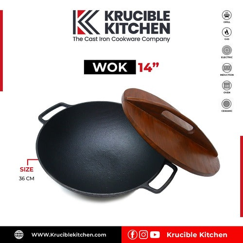 Cast Iron Wok 14 Inches (36 CM), Pre-Seasoned, Krucible Kitchen