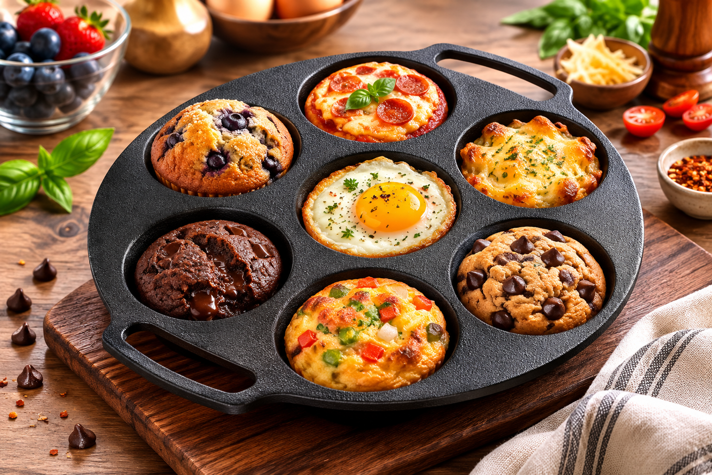 Muffin Pan, Cast Iron Krucible Kitchen Seasoned