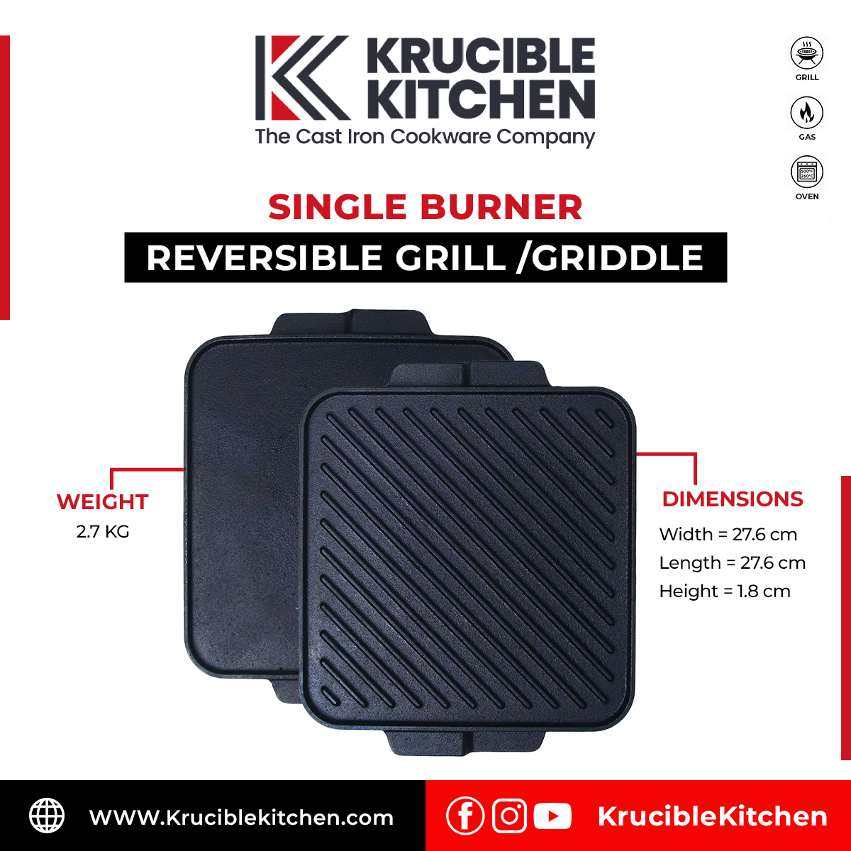 Cast Iron Single Burner Reversible Grill Griddle 10.5 Inches Square SBRGG, Pre-Seasoned, Krucible Kitchen
