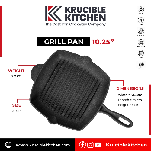 Cast Iron Grill Pan 10.25 inch (26 CM) Naturally Non Stick, Seasoned. Krucible Kitchen
