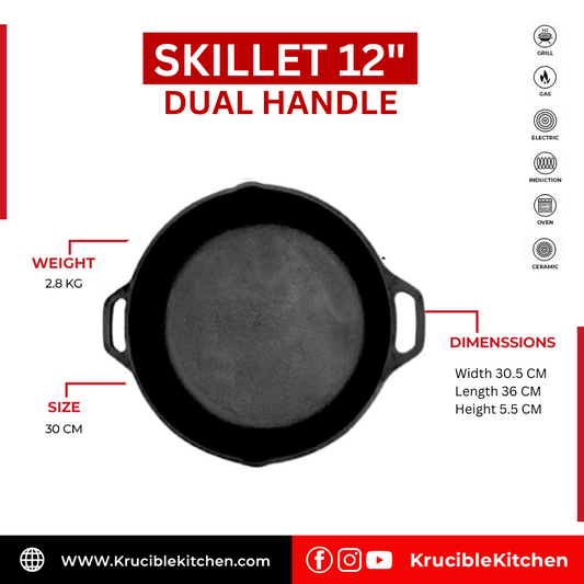 Skillet 12 In (30 Cm) Dual Handle, Cast Iron Krucible Kitchen Seasoned