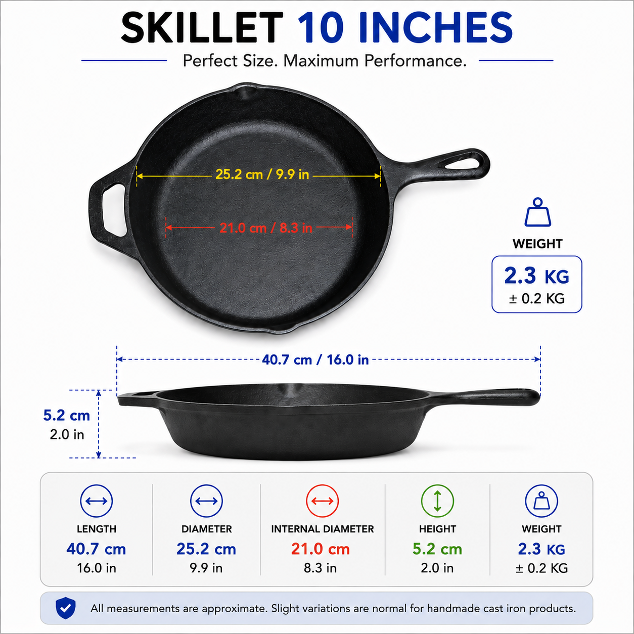 A 10-inch cast iron skillet shown on a white background with overlaid dimension lines, measurements in centimeters and inches, and a weight label of 2.3 kg.