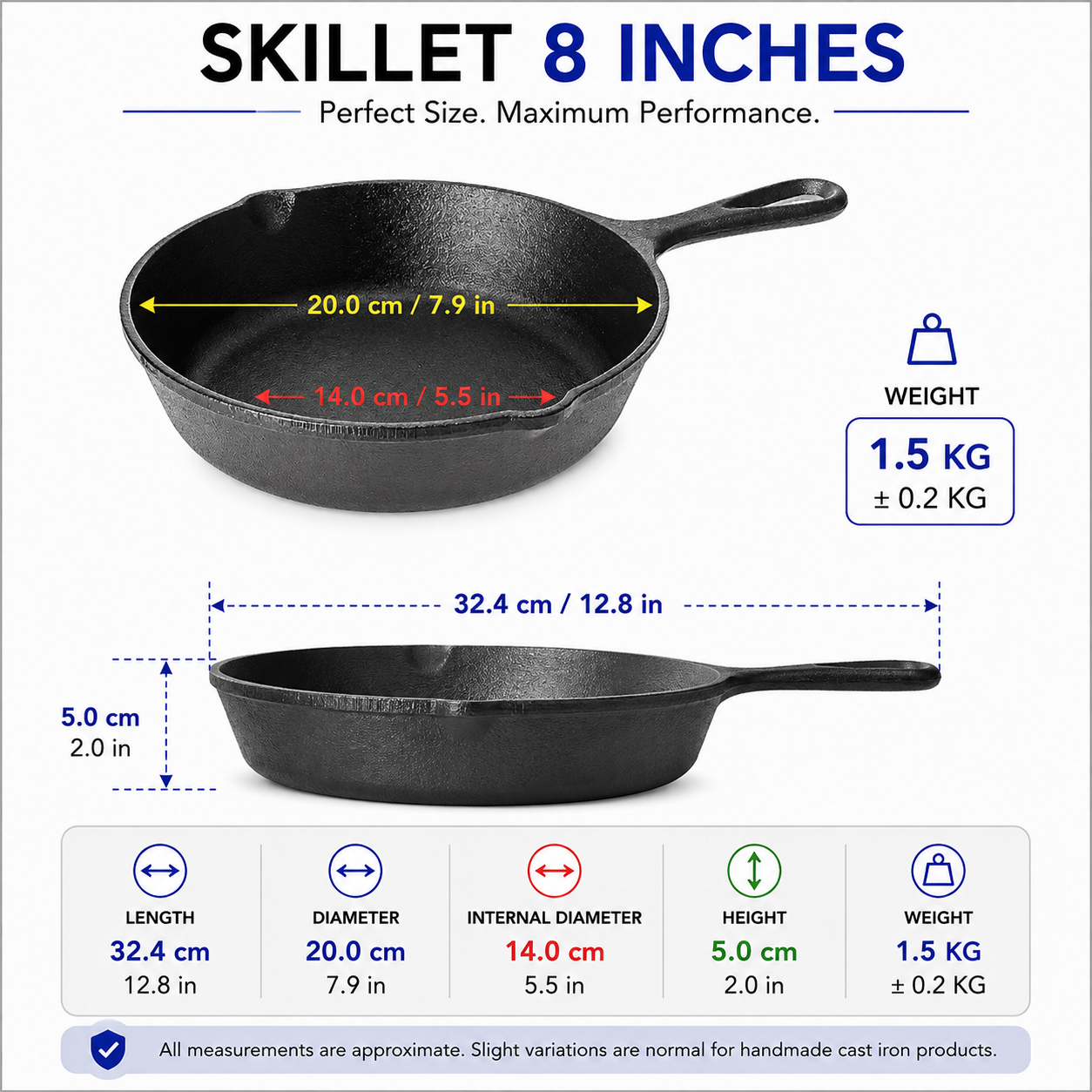 Krucible Kitchen 8-inch cast iron skillet pre-seasoned cookware for gas, induction, oven and campfire