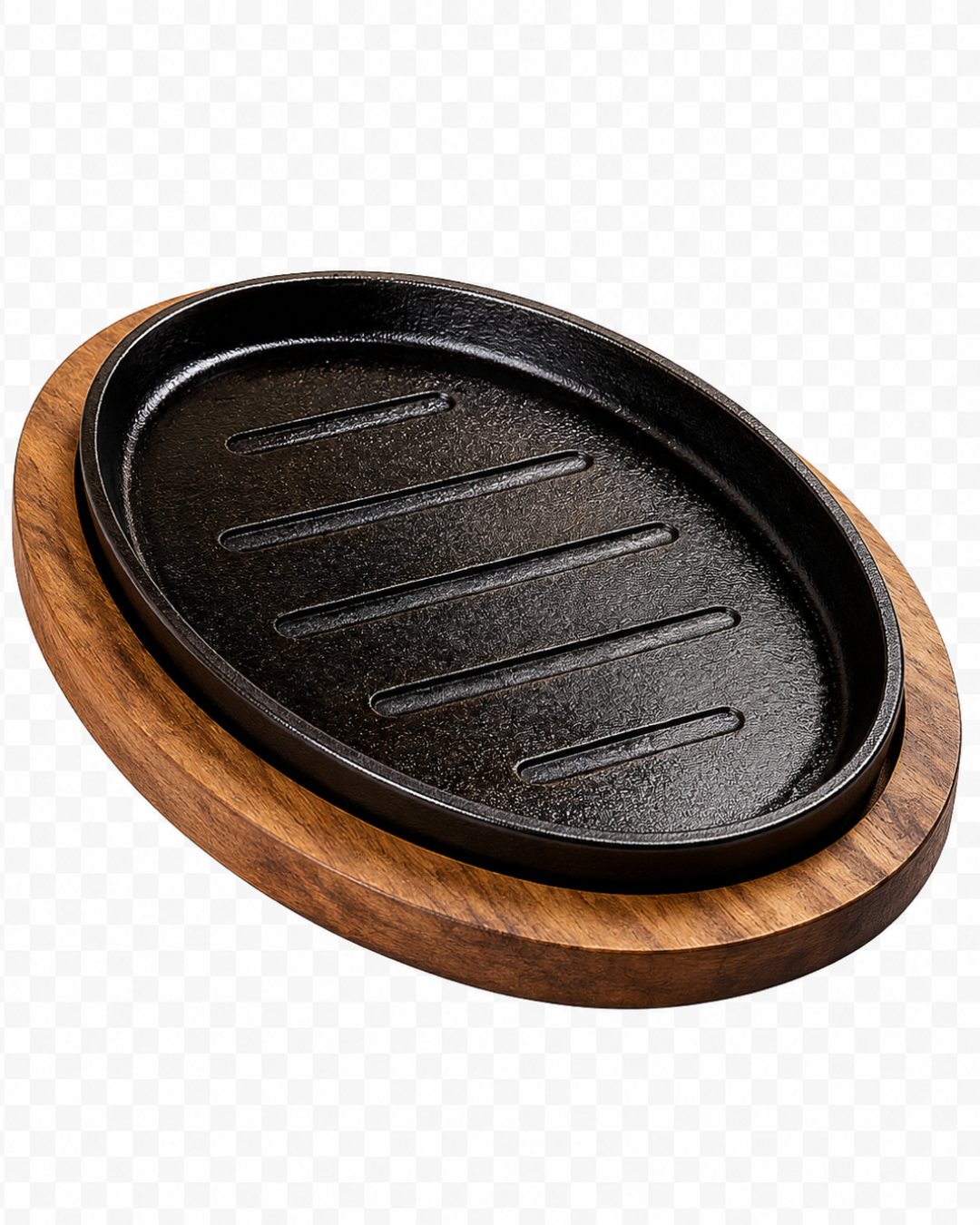Sizzler Plate 10" Oval with Wood Base Cast Iron Krucible Kitchen