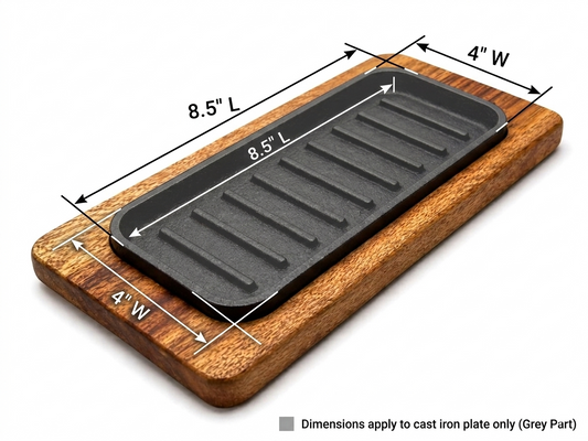 Sizzler Plate with Wooden Base – 8x3.5” & 8.5x4” Cast Iron  Krucible Kitchen