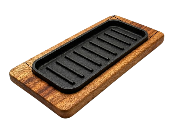 Sizzler Plate with Wooden Base – 8x3.5” & 8.5x4” Cast Iron  Krucible Kitchen