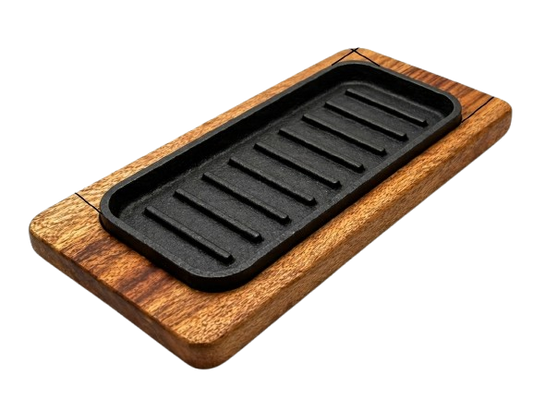 Sizzler Plate with Wooden Base – 8x3.5” & 8.5x4” Cast Iron  Krucible Kitchen