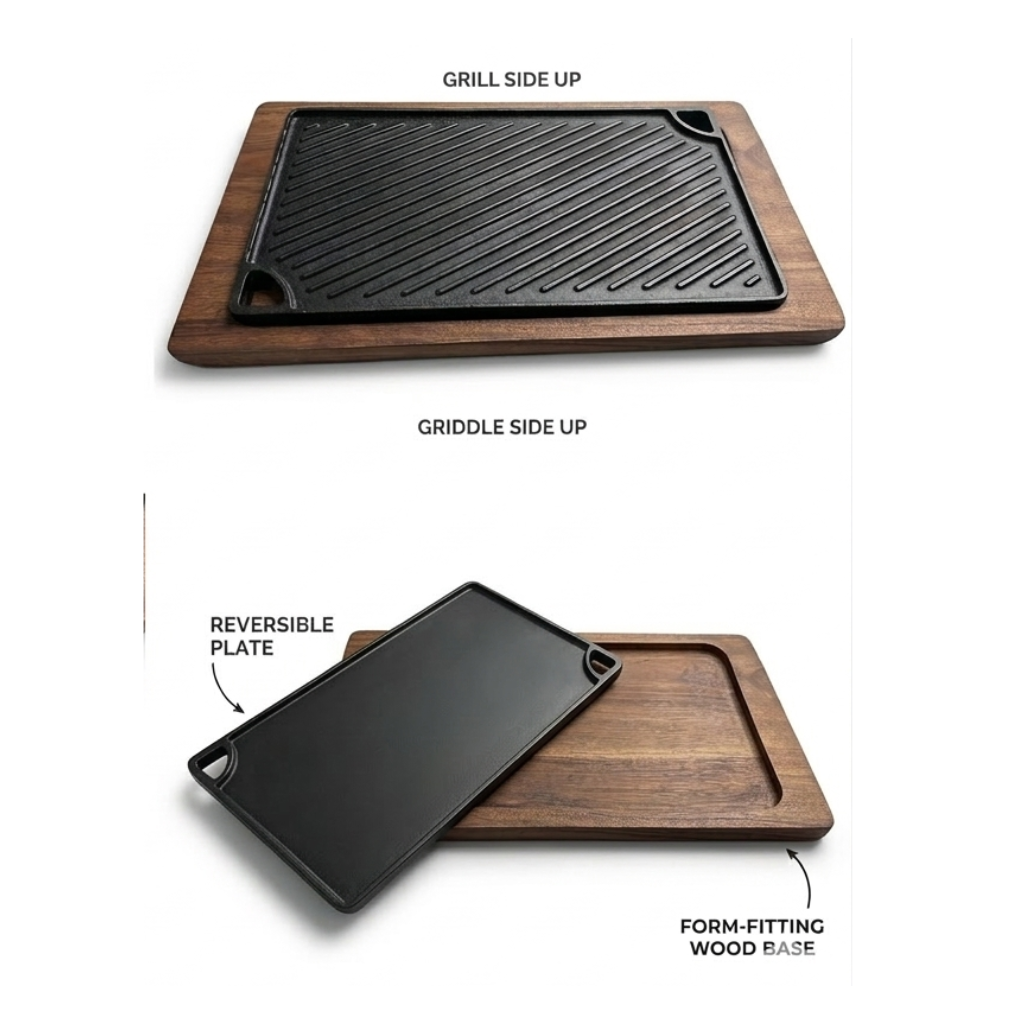 Sizzler Grill 16" TRGG 2in1 Reversible Cast Iron Griddle with Wood Base - Krucible Kitchen