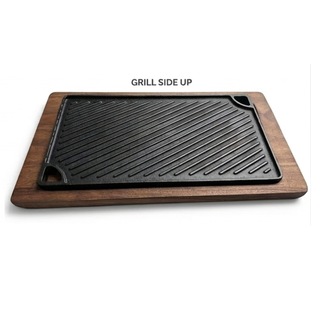 Sizzler Grill 16" TRGG 2in1 Reversible Cast Iron Griddle with Wood Base - Krucible Kitchen