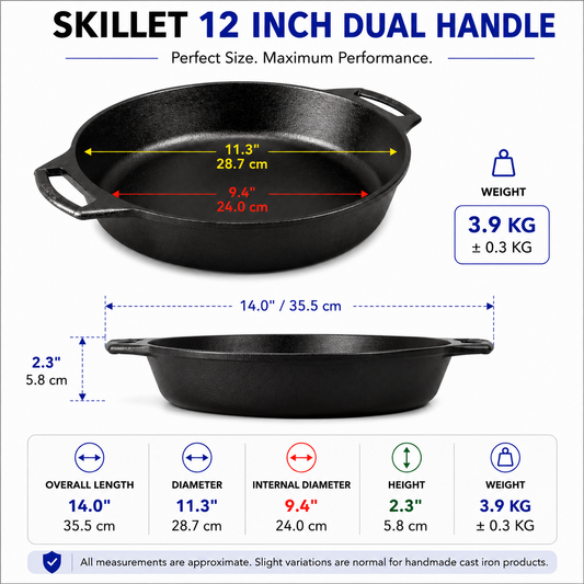 Cast Iron Dual Handle Skillet 12" Pre-Seasoned - Krucible Kitchen