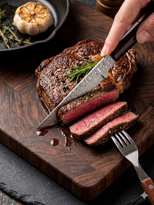 Krucible Damascus Steel Steak Knife – Razor Sharp Blade with Ergonomic Wood Handle