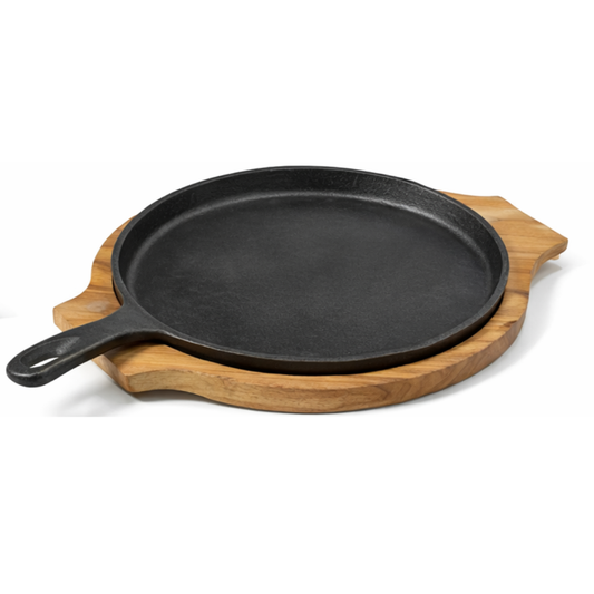 Sizzler Tawa 10-Inch 2in1 Wood Base Cast Iron Krucible Kitchen