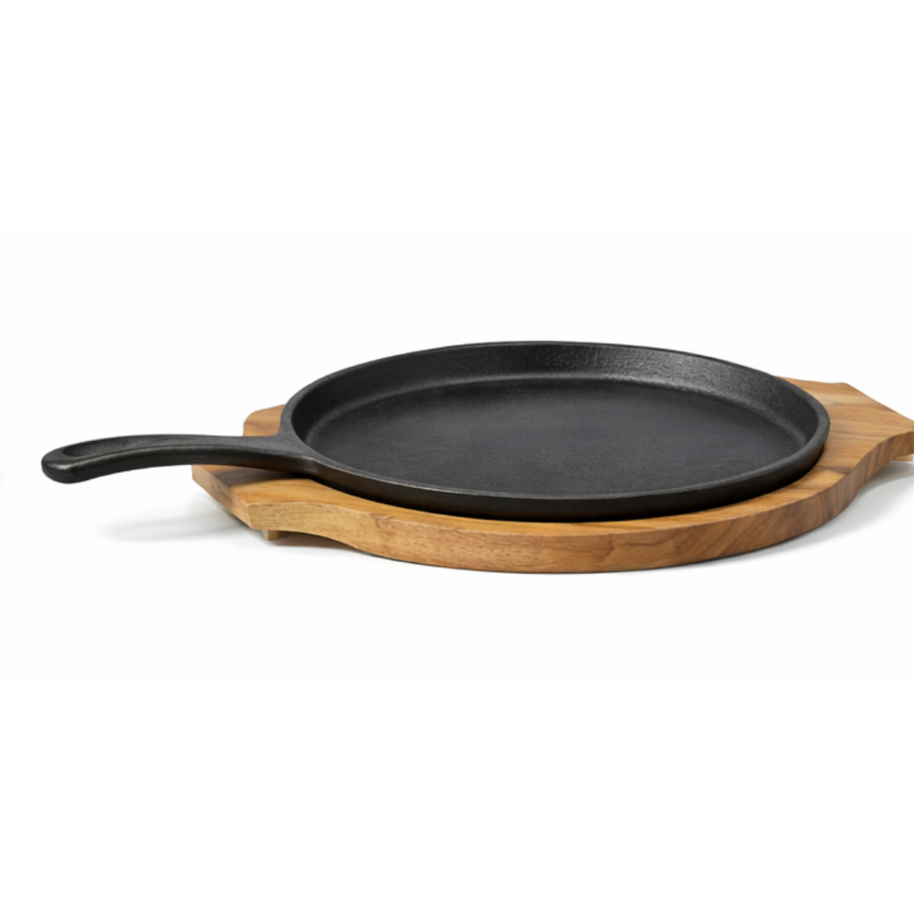 Sizzler Tawa 10-Inch 2in1 Wood Base Cast Iron Krucible Kitchen
