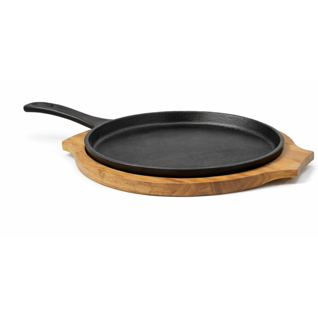 Sizzler Tawa 10-Inch 2in1 Wood Base Cast Iron Krucible Kitchen