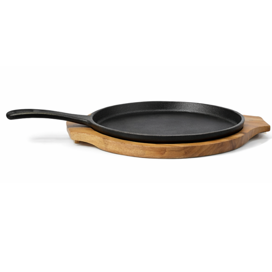 Sizzler Tawa 10-Inch 2in1 Wood Base Cast Iron Krucible Kitchen