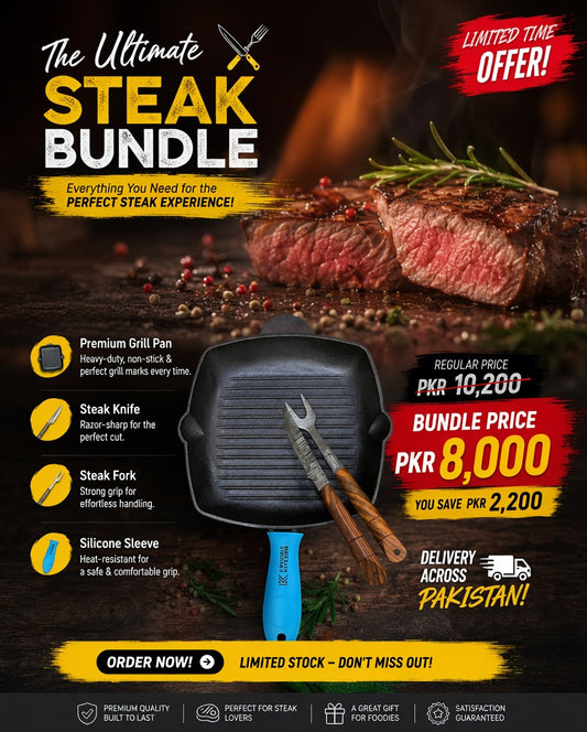 Cast Iron Steak Bundle | Grill Pan, Steak Knife & Fork