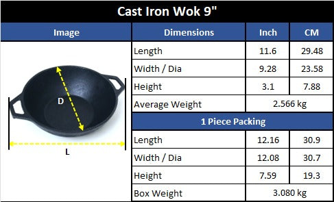 Cast Iron Wok 9 Inches, Pre-Seasoned, Krucible Kitchen