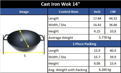 Cast Iron Wok 14 Inches (36 CM), Pre-Seasoned, Krucible Kitchen